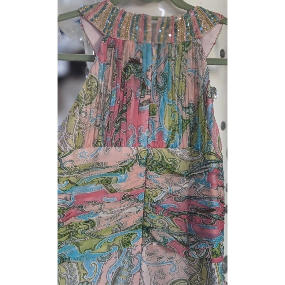 Cachet Women's Sz 6 Dress Pink & Green Blue Beaded Neckline Paisley Print - Picture 7 of 16